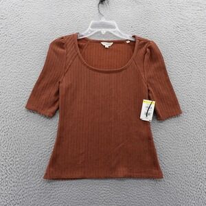 Max Studio London Brown Ribbed Puff Sleeve Scoop Neck Top XS